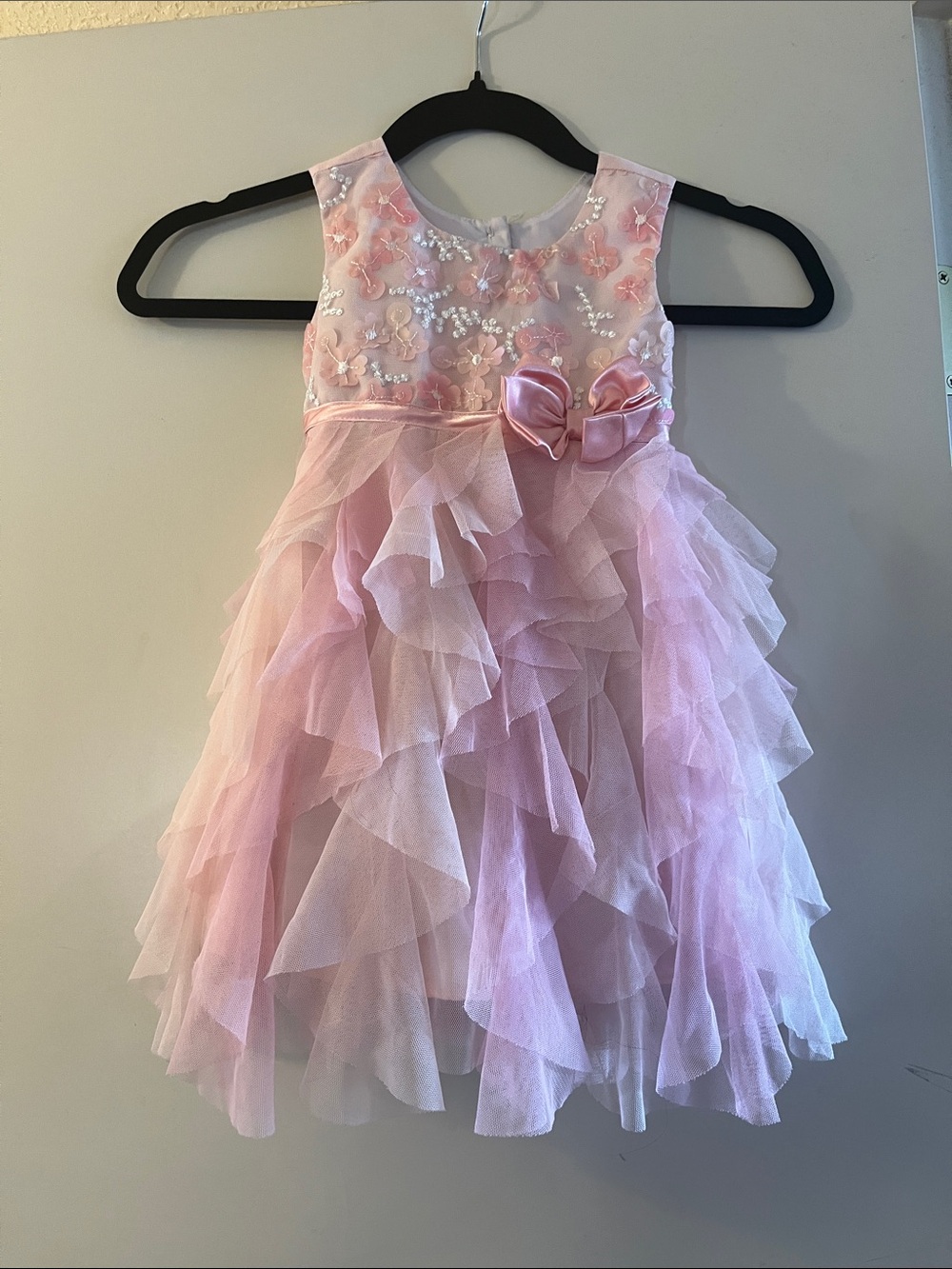 Jona Michelle Light Pink Floral Tulle Ruffle Dress with Bow Accent